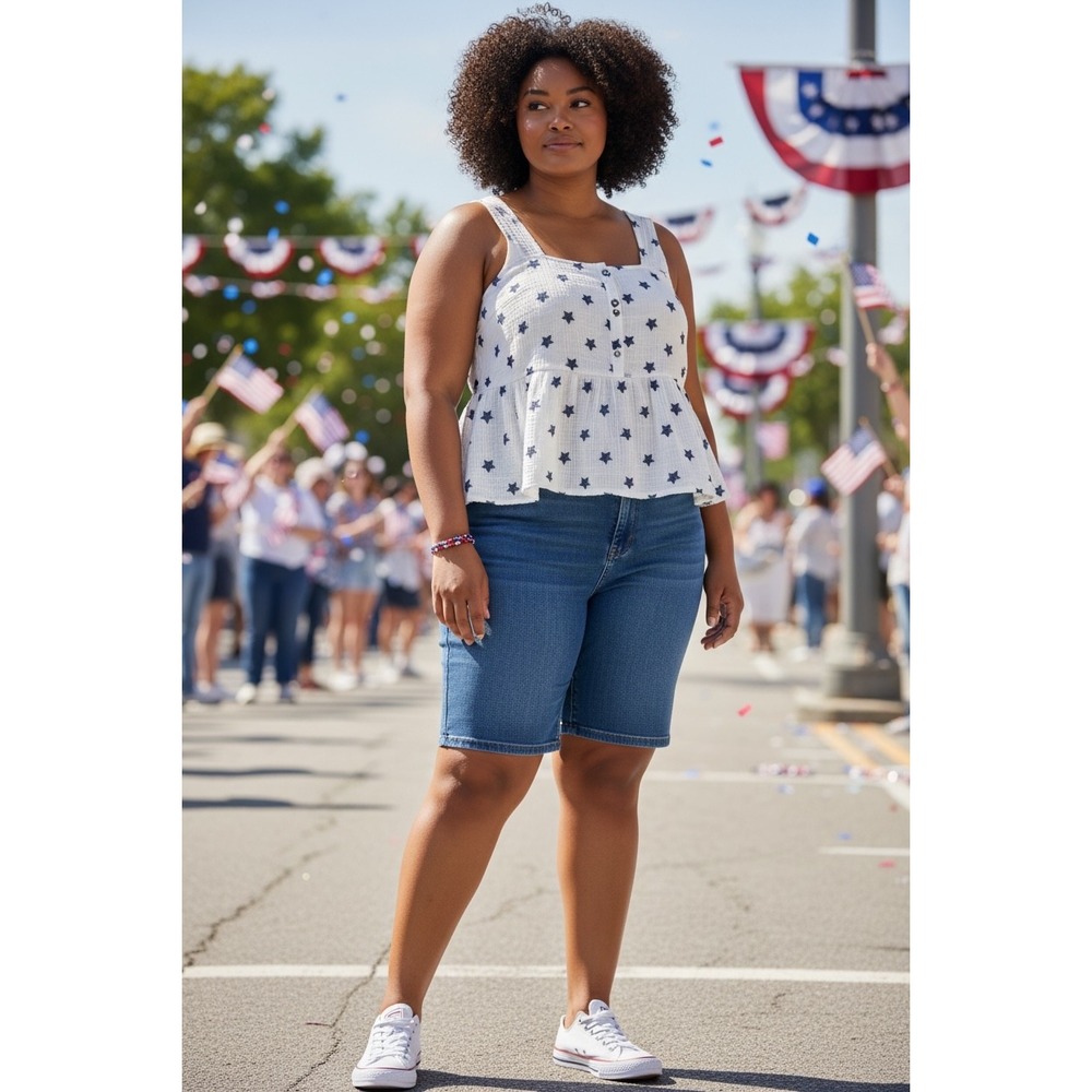 Lane Bryant Tank Top Womens Plus Size 18 Blue Star Peplum Button patriotic gauze